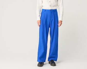 Wide leg linen pants for men, linen trousers with pockets, high waisted pants THEO