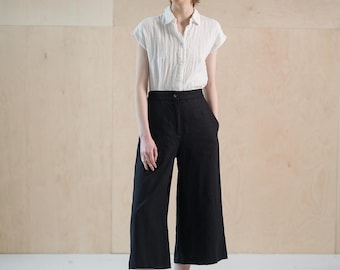 Linen culottes with pockets, wide leg capripants, cropped linen trousers, linen trousers with a zipper PIANO