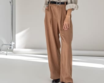 High-waisted linen palazzo pants, pleated linen trousers for women, wide leg linen pants with pockets NUT