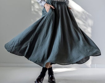 Linen circle skirt with pockets, maxi linen skirt with elastic waist, long linen skirt, flared linen skirt, bohemian linen skirt FERN