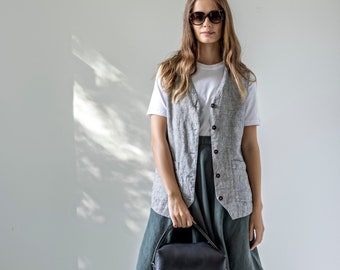 Oversize linen vest, women linen vest with pockets, linen waistcoat, linen vest top, button linen vest, V-neck linen vest BIRCH