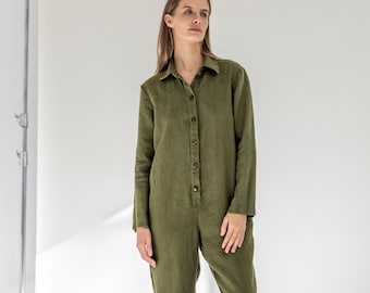 Heavy linen jumpsuit women, long sleeve jumpsuit, boiler suit, linen playsuit TEMPO