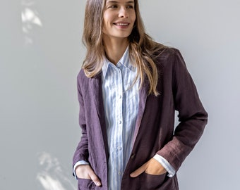 Klassische Leinensakko, klassische Leinensakko für Damen, Leinenblazer mit Taschen, Leinenblazer für Damen FOCUS