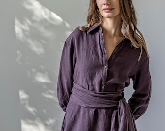 Flared linen shirt dress with puff balloon sleeves, A-line front-buttoned linen dress with classic collar, maxi linen shirtdress NIGHT