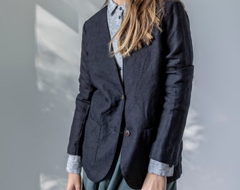 Collarless linen jacket for women, buttoned linen cardigan, linen blazer without lining OAK