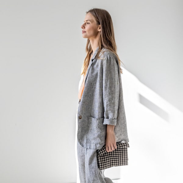 Oversize linen cardigan, boyfriend jacket women, loose fit cardigan with pockets, long linen jacket, linen button jacket, suit jacket WALES