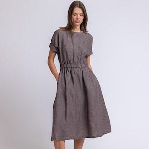 Linen midi dress with elastic waist, loose fit linen dress with crew neck and drop shoulders, A line linen dress, simple linen dress FORTUNE