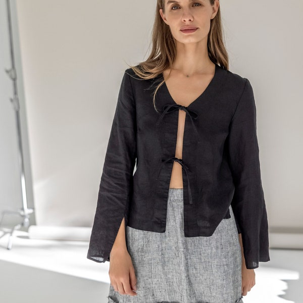 Boho linen jacket, linen cardigan with tie strings, hippy jacket, linen blazer, bridesmaid jacket, boho-beach cover up, crop jacket VIOLIN