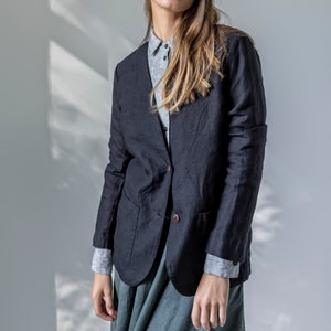 Collarless linen jacket for women, buttoned linen cardigan, linen blazer without lining OAK