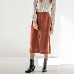 Rozmiar: M. Gotowa do wysyłki Spódnica lniana z rozcięciem z przodu, spódnica z kieszeniami, prosta spódnica lniana midi, długa spódnica lniana ze szlufkami na pasek ROWAN