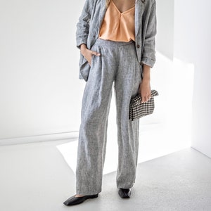 Pleated linen pants for women, high waist pants with pockets, wide leg linen trousers with elastic back MAY