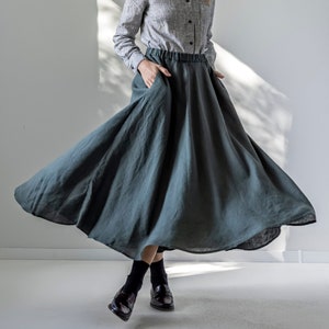 Linen circle skirt with pockets, maxi linen skirt with elastic waist, long linen skirt, flared linen skirt, bohemian linen skirt FERN