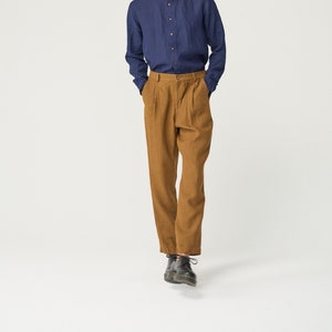 Pantalón cónico de lino para hombre con cremallera y espalda elástica, pantalón de lino pesado plisado NIKO imagen 7