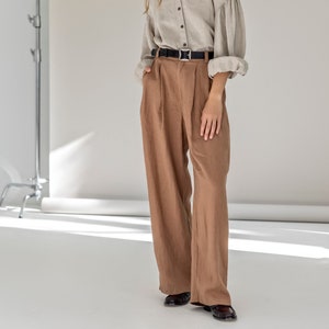 High-waisted linen palazzo pants, pleated linen trousers for women, wide leg linen pants with pockets NUT