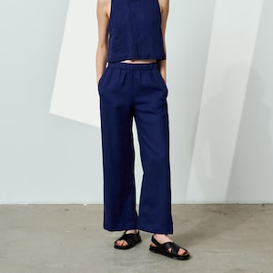 Wide-leg linen pants, elastic waist trousers with pockets, loose-leg linen pants, straight-cut linen trousers for women WHEAT