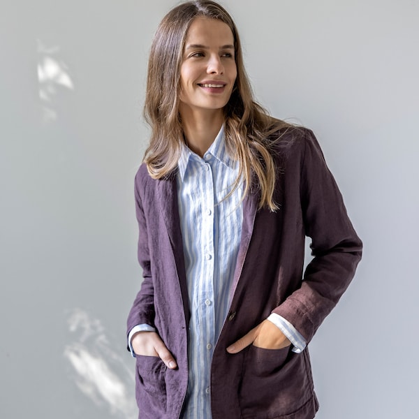 Veste en lin décontractée avec poches, cardigan long en lin, veste de costume en lin, veste classique pour femme, veste d'été en lin, veste à boutons FOCUS