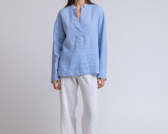ALMA Loose fit linen shirt with long sleeves, V-neck linen top, oversize linen top, fashion linen top, casual linen shirt