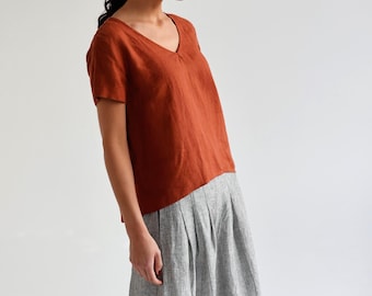 V-Ausschnitt Leinen Top mit kurzen Ärmeln, Leinen T-Shirt für den Sommer, schlichte Leinenbluse für Frauen, Basic Leinen T-Shirt OAT