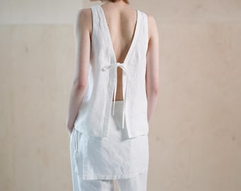 Open back linen top,  Loose summer blouse for vocation, Sleeveless linen tank top with tie back NOJA