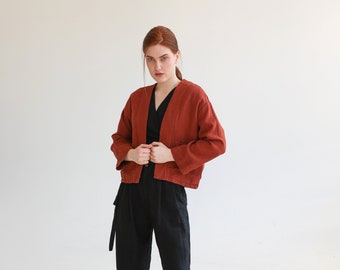 Linen kimono jacket with pockets, heavy linen jacket women, kimono cardigan, linen cardigan TIME