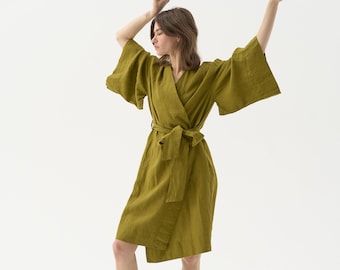 Linen wrap dress with kimono sleeves, linen kimono robe for women, linen dress coat ROUTINE