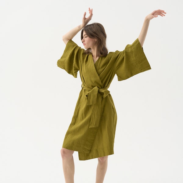 Linen wrap dress with kimono sleeves, linen kimono robe for women, linen dress coat ROUTINE