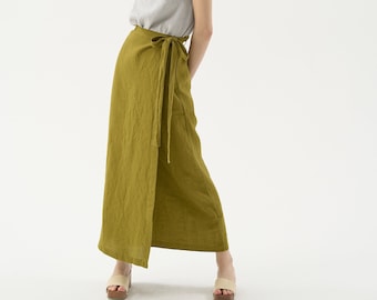 Wrap linen skirt, long linen skirt with tie belt, high waisted skirt, maxi apron skirt HEART