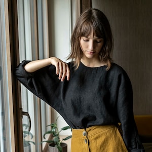 Blusa de lino holgada, blusa kimono de lino, top de lino con cuello redondo y aberturas laterales, blusa de lino de moda, top kimono de lino ESSENCE