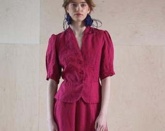 90’s Short Linen Jacket  with Puff Sleeves, Waisted blazer silhouette linen summer blouse, Bridesmaid jacket, Fitted linen blouse DIANA