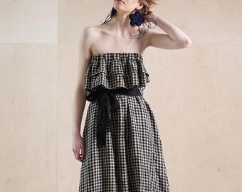 Strapless linen maxi dress, ruffled ankle length summer sundress, Romantic flared linen dress,  Boho linen off-shoulder high-low dress SIELA