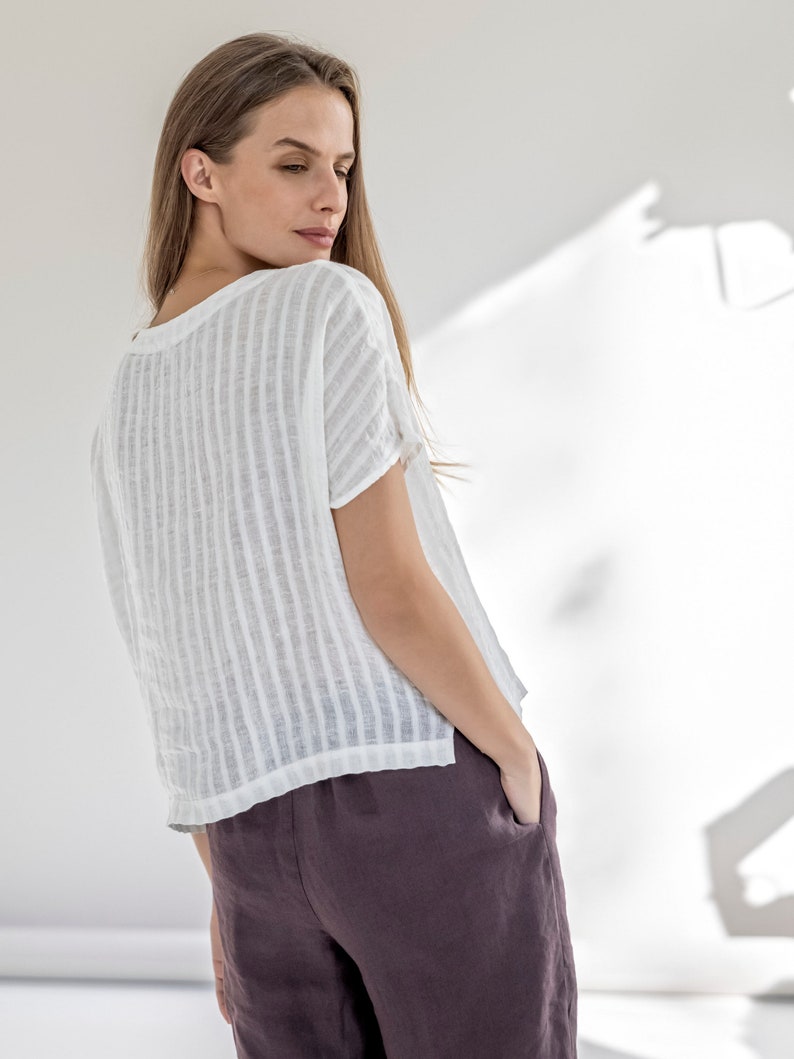 Oversized linen blouse with short sleeves, loose-fit linen blouse, basic linen tee with boat neck, linen t-shirt for women SAIL image 8