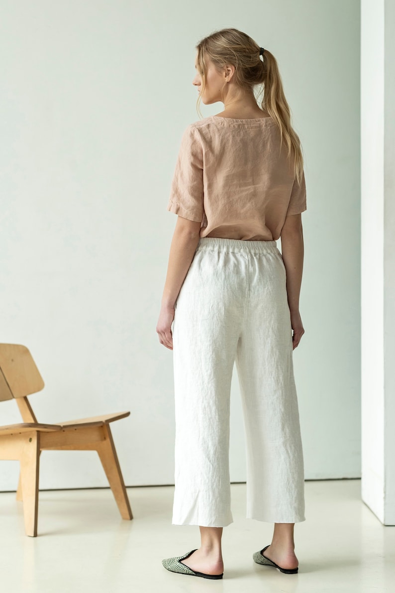 Wide-leg heavy-linen palazzo pants, linen culottes with pockets, cropped linen trousers, pleated linen trousers LIME image 7