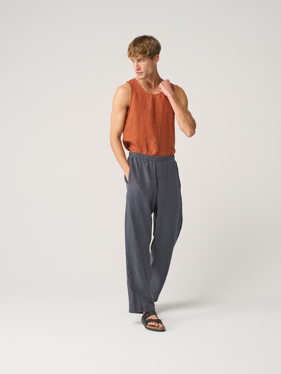 Straight Leg Linen Pants for Men With Elastic Waist, Wide Leg