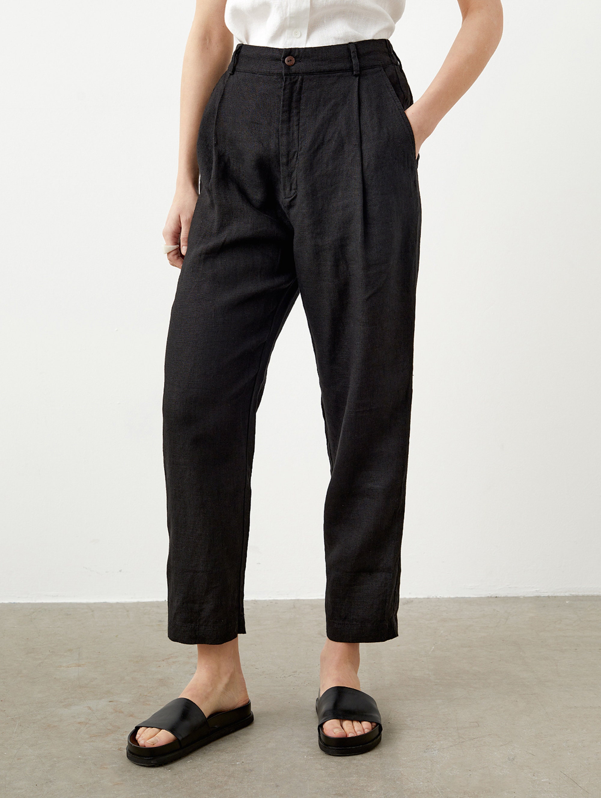 Tapered Linen Pants With Pockets, High Waisted Linen