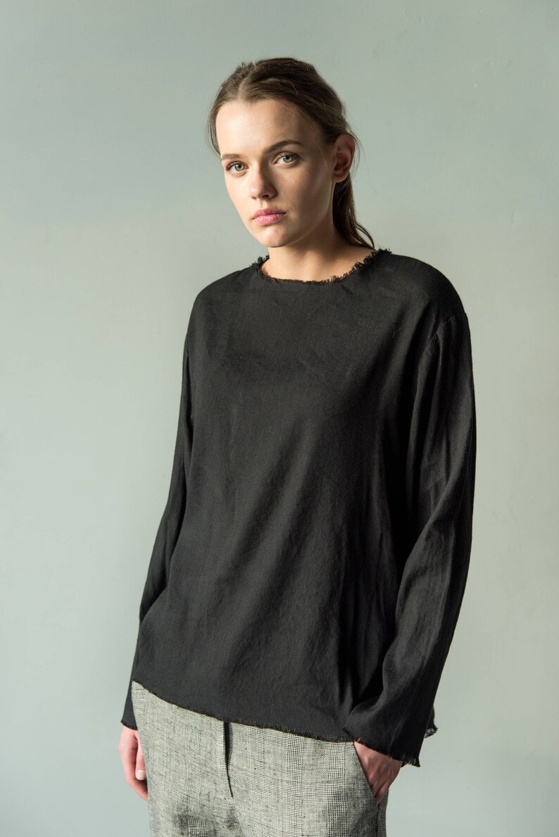 Loose black linen top for women linen blouse with long Etsy