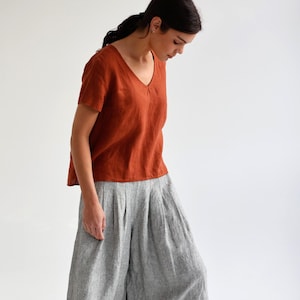 V-neck linen top with short sleeves, linen t-shirt for summer, simple linen blouse for women, basic linen tee OAT