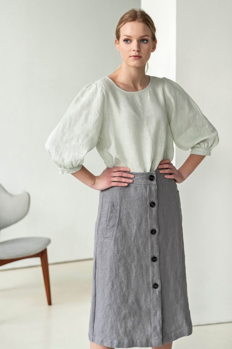 Size: M Ready to ship, Balloon sleeve linen blouse, puffy sleeve linen top, loose-fit women blouse, linen shirt women POET image 1