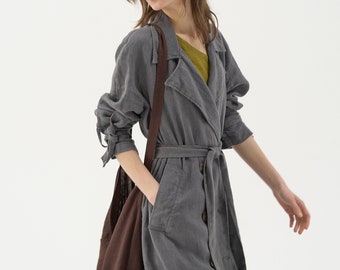 Double-breasted linen coat, sustainable linen duster, heavy linen duster coat, autumn trench coat with pockets LYON