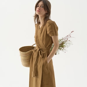 Size: XS/S, S; Ready to ship Linen wrap dress with pockets, linen kimono dress, short sleeve linen dress, beach dress WALNUT