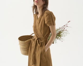 Size: XS/S, S; Ready to ship Linen wrap dress with pockets, linen kimono dress, short sleeve linen dress, beach dress WALNUT