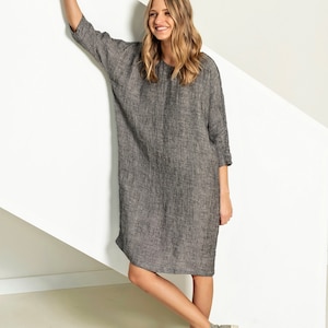 Vestido de lino pesado con bolsillos y mangas kimono, vestido túnica de lino midi con cuello redondo, vestido de lino sencillo con silueta de huevo STUDIO