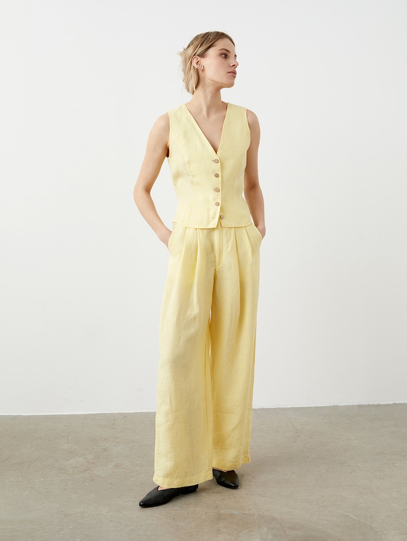 Wide leg linen pants with pockets, high waisted palazzo pants for women, pleated linen trousers MUSCAT image 4