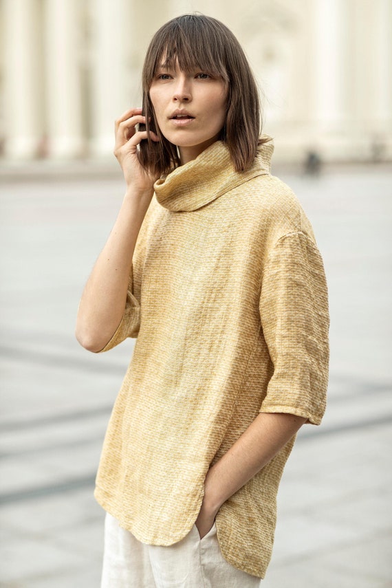 LINENIDstudio Roll Neck Linen Top, Funnel Neck Blouse, Linen Turtleneck Top, Loose Fit Round Neck Women Blouse, Longsleeve Linen Shirt with Slits Eclair