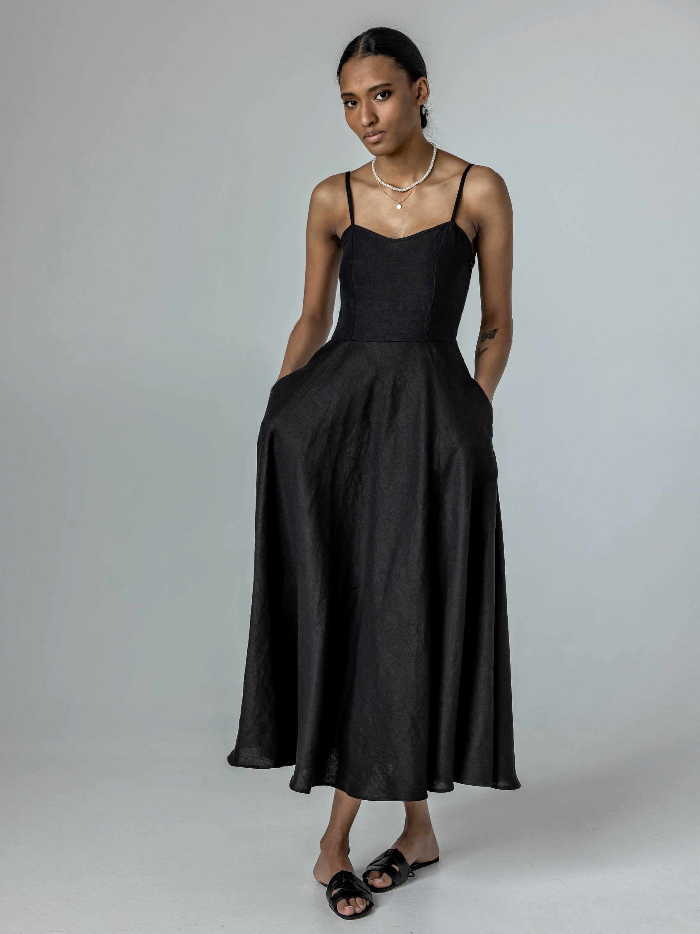 Spaghetti Strap Maxi Linen Dress with Pockets, Linen Slip Dress, Bridesmaid Dress Margot