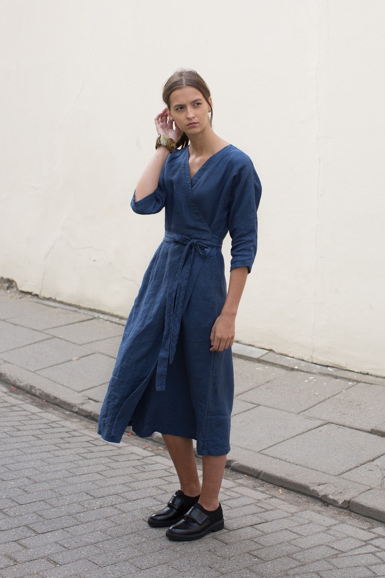 long sleeve linen wrap dress