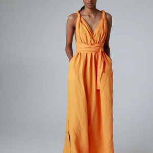 Maxi linen dress with open back and side slits, backless dress with belt and pockets ANGELINA image 2