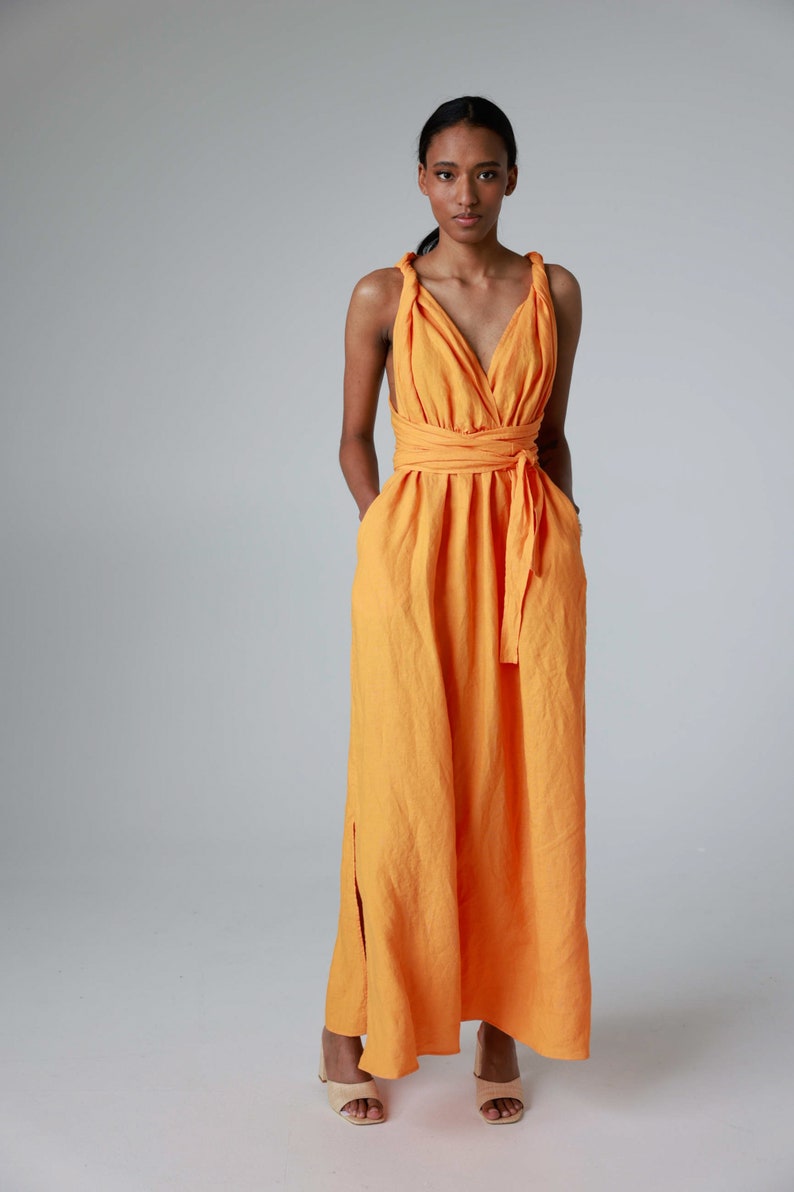 Maxi linen dress with open back and side slits, backless dress with belt and pockets ANGELINA image 2