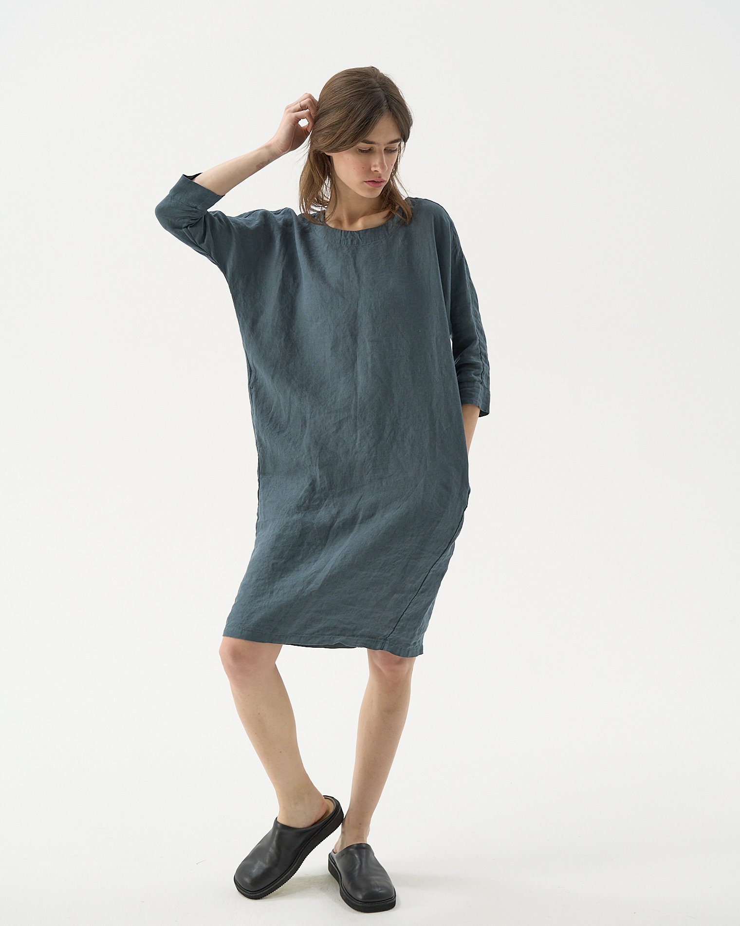 Linen Tunic Dress With Pockets Long 