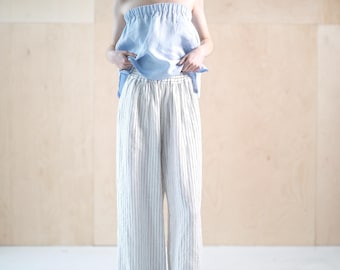 Wide linen trousers, loose linen pants with elastic waist, straight legged pants, high waist ruffle long linen trousers with pockets BARIS