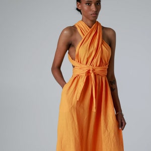 Maxi linen dress with open back and side slits, backless dress with belt and pockets ANGELINA image 7